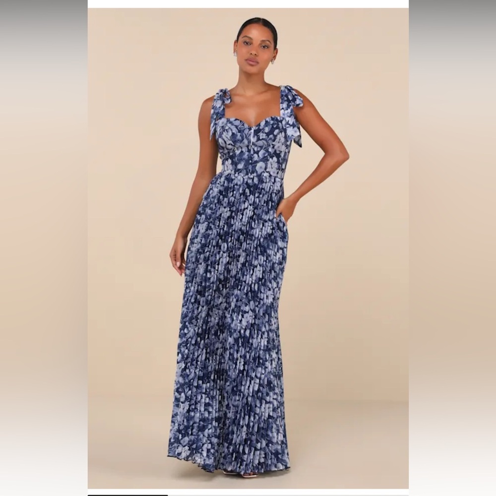 Lulu’s Navy Blue Floral Bustier Tie-Strap Maxi Dress